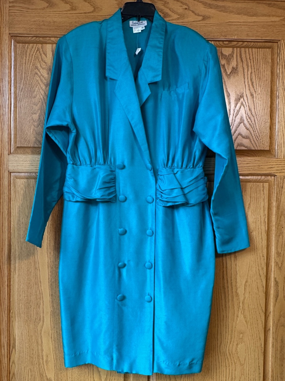Lindsay Scott Vintage 100% Silk Dress Coat Teal Size 18 Double Breasted